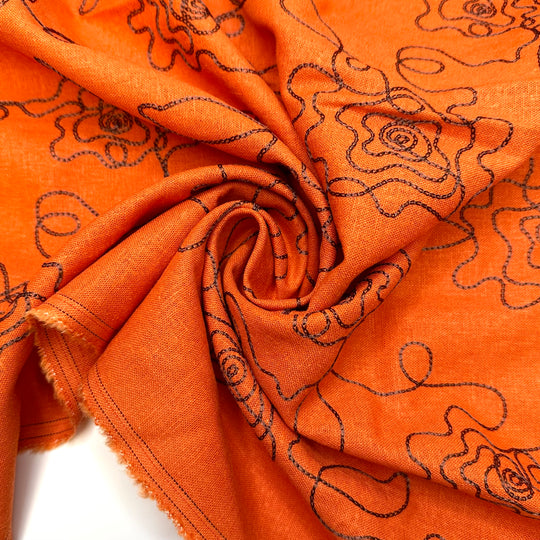 Just Doodling - Embroidered Cotton Blend Woven - Orange/Brown Floral - 1.5M Bundle