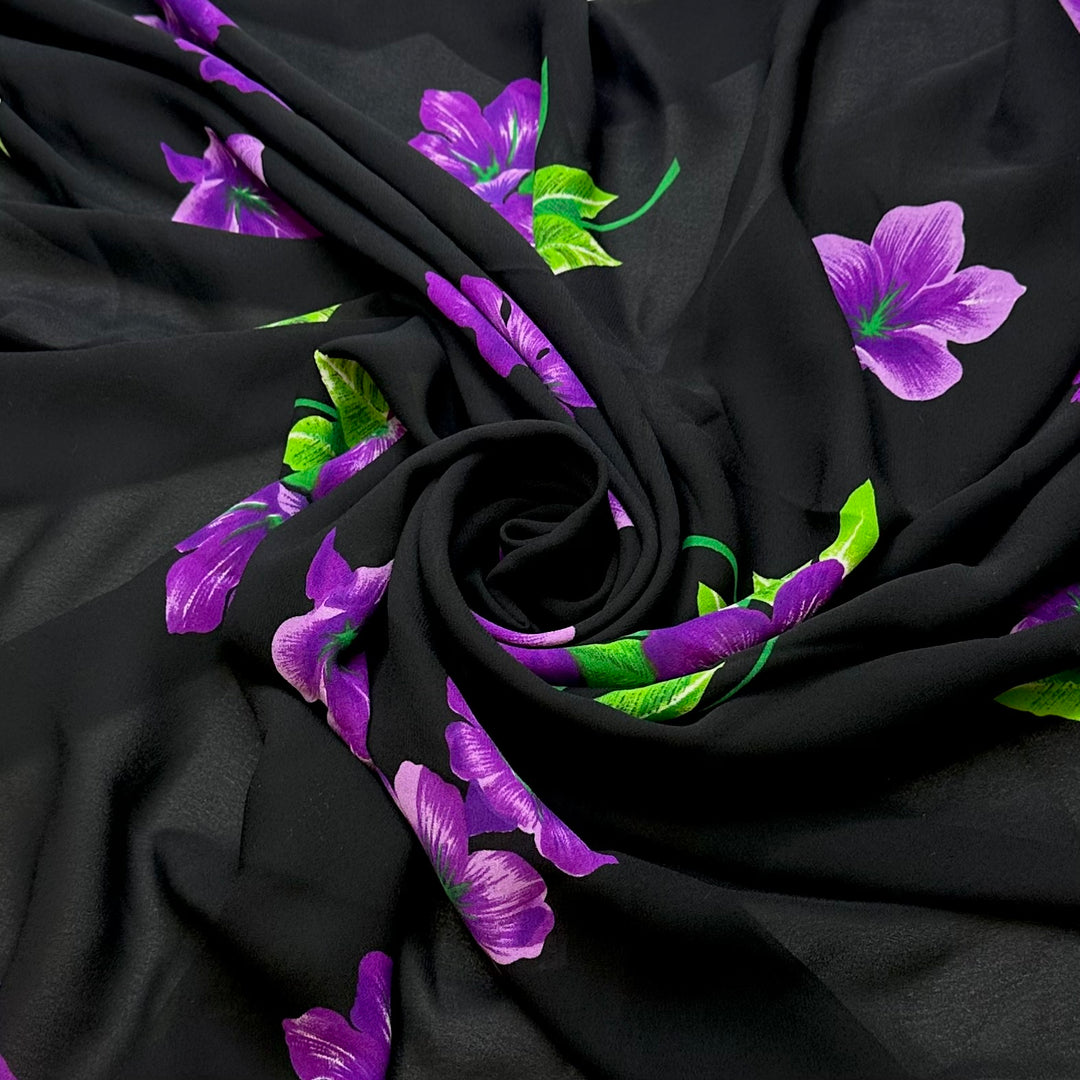 UB - Purple Poppies Please - Crepe Poly Woven - Black/Purple Floral - 2.15M Bundle