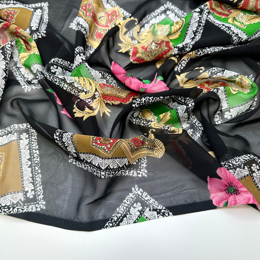 Showing Off My New Colours - Chiffon Poly Woven - Black Multi Abstract - 3M Bundle