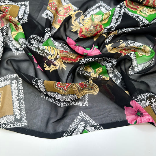 Showing Off My New Colours - Chiffon Poly Woven - Black Multi Abstract - 3M Bundle