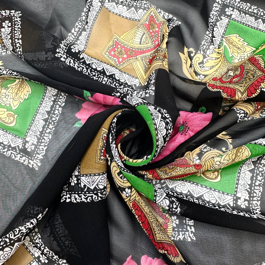 Showing Off My New Colours - Chiffon Poly Woven - Black Multi Abstract - 3M Bundle