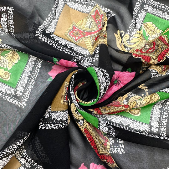 Showing Off My New Colours - Chiffon Poly Woven - Black Multi Abstract - 3M Bundle