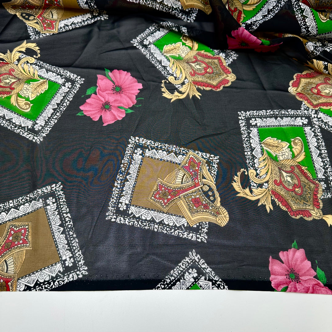 Showing Off My New Colours - Chiffon Poly Woven - Black Multi Abstract - 3M Bundle