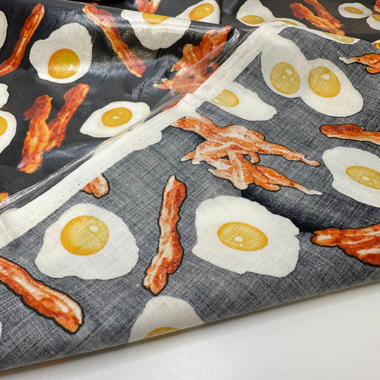 Breakfast For Dinner - Waterproof Cotton/PU Woven - Black Multi Bacon And Eggs - 0.6M Bundle