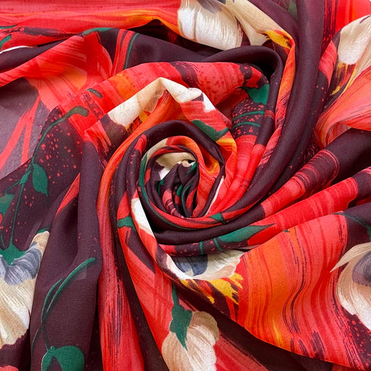 Building A Campfire - Screen Printed Nylon Woven - Burgundy Multi Floral - 3.3M Bundle