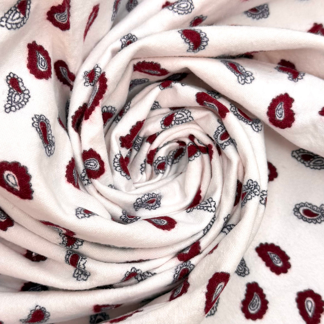 Watching The Leaves Start To Fall - Brushed Flanelette Cotton Woven - White/Burgundy Paisley - 3.5M Bundle