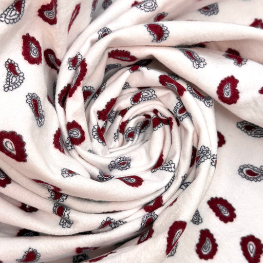 Watching The Leaves Start To Fall - Brushed Flanelette Cotton Woven - White/Burgundy Paisley - 3.5M Bundle