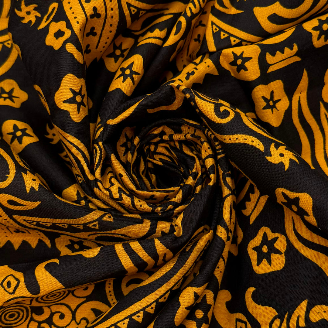 I Could Win Survivor - Wax Block Print Cotton Woven - Black/Golden Beige Floral - 1.1M Bundle