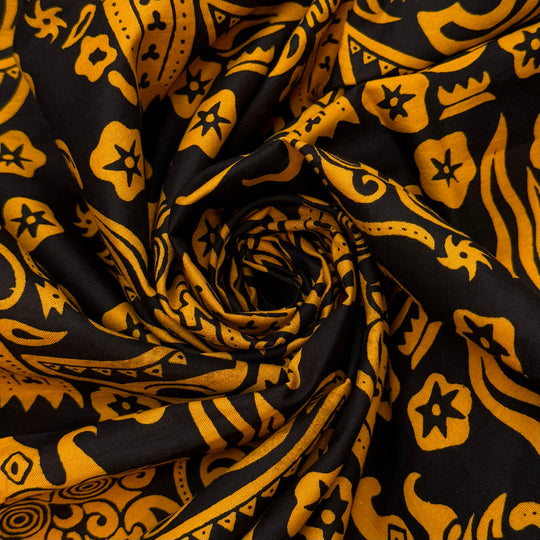 I Could Win Survivor - Wax Block Print Cotton Woven - Black/Golden Beige Floral - 1.1M Bundle