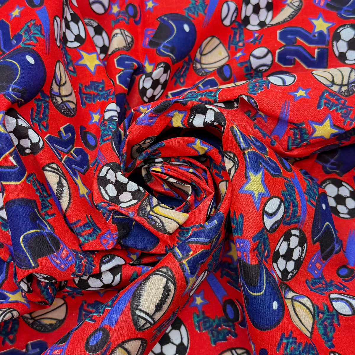 Ball Is Life - Vintage Polyester Blend Woven - Red Multi Sports - 1.35M Bundle