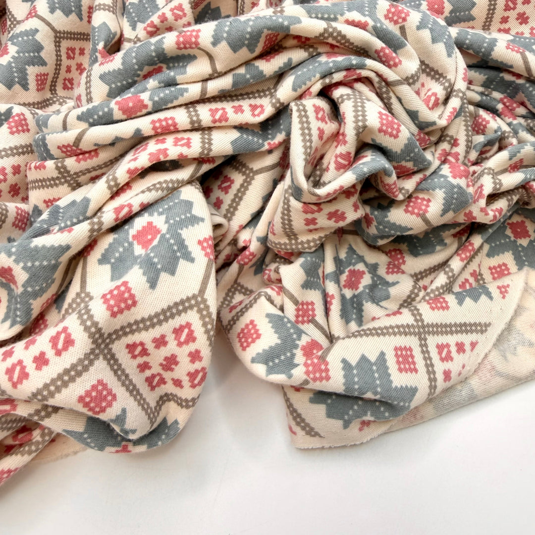 Get Your Groove On - Rib Knit Cotton Blend Knit - Cream/Blue Floral - 1.3M Bundle