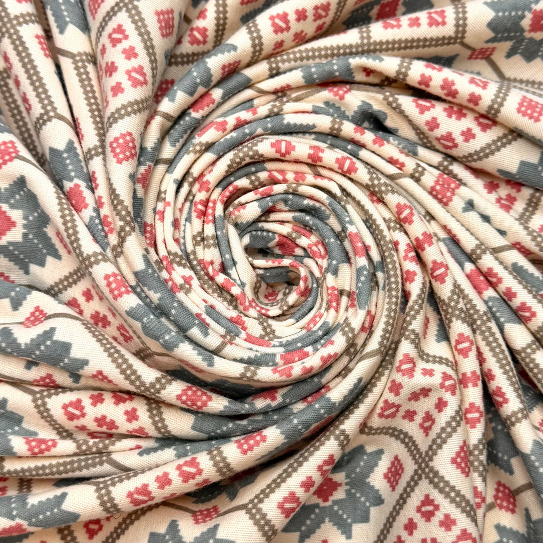 Get Your Groove On - Rib Knit Cotton Blend Knit - Cream/Blue Floral - 1.3M Bundle
