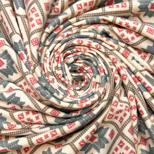 Get Your Groove On - Rib Knit Cotton Blend Knit - Cream/Blue Floral - 1.3M Bundle