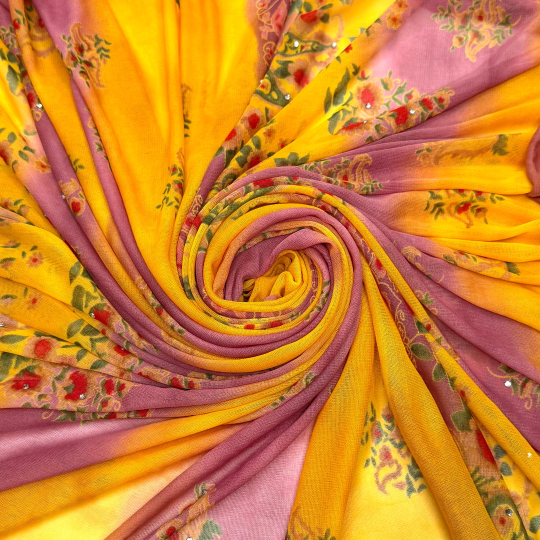 Pie-ning For You - Rhinestones Mesh Poly/Spandex Knit - Dark Pink/Yellow Floral - 2M Bundle