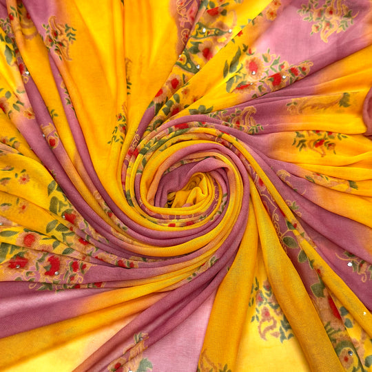 Pie-ning For You - Rhinestones Mesh Poly/Spandex Knit - Dark Pink/Yellow Floral - 2M Bundle
