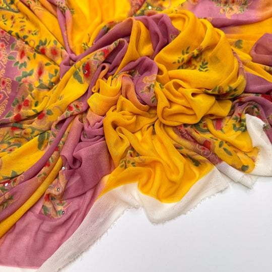 Pie-ning For You - Rhinestones Mesh Poly/Spandex Knit - Dark Pink/Yellow Floral - 2M Bundle