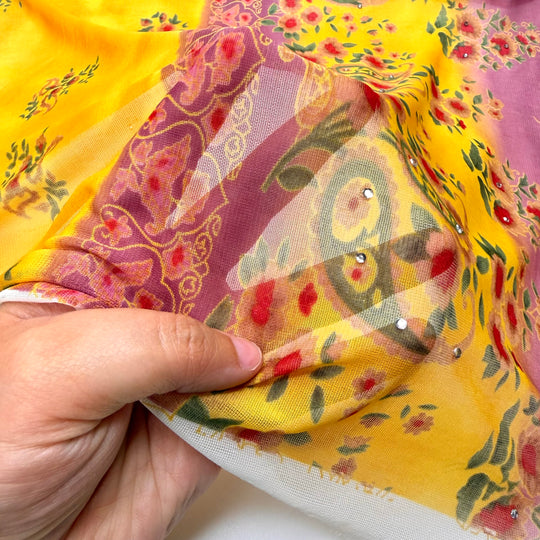 Pie-ning For You - Rhinestones Mesh Poly/Spandex Knit - Dark Pink/Yellow Floral - 2M Bundle