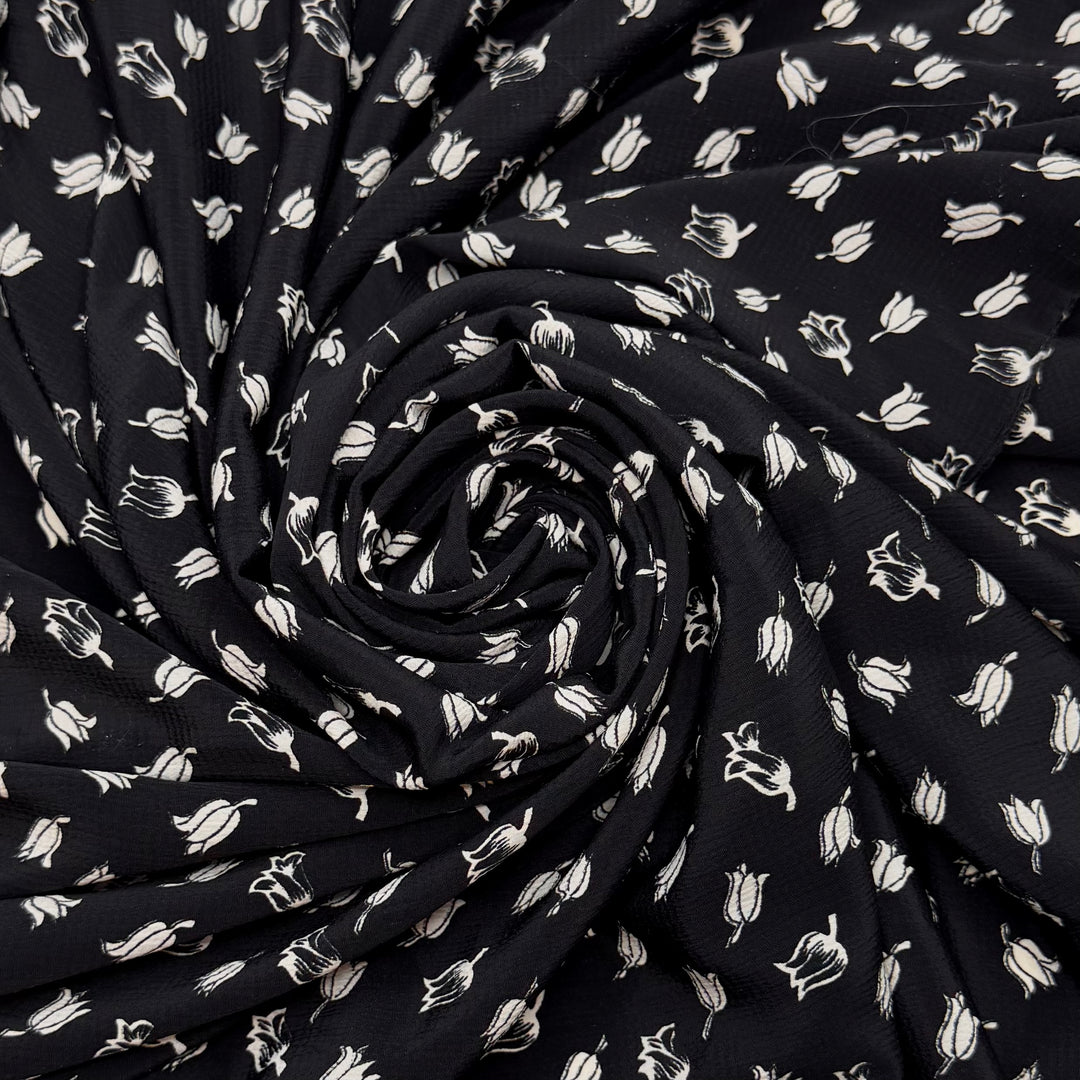 A Stitch In Time Saves Nine - Crepe Polyester Blend Woven - Black/White Floral - 1.7M Bundle