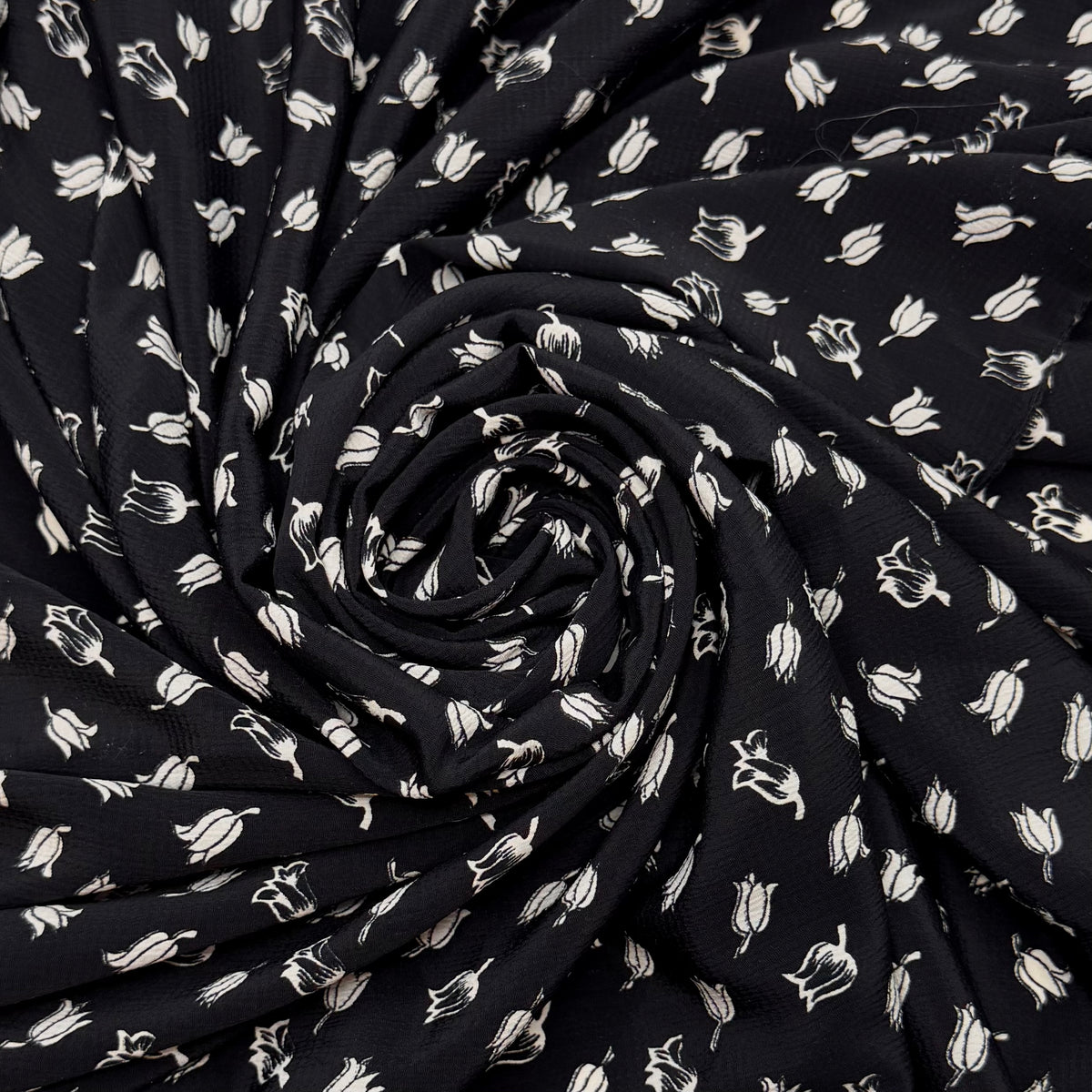 A Stitch In Time Saves Nine - Crepe Polyester Blend Woven - Black/White Floral - 1.7M Bundle