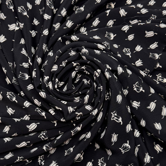 A Stitch In Time Saves Nine - Crepe Polyester Blend Woven - Black/White Floral - 1.7M Bundle