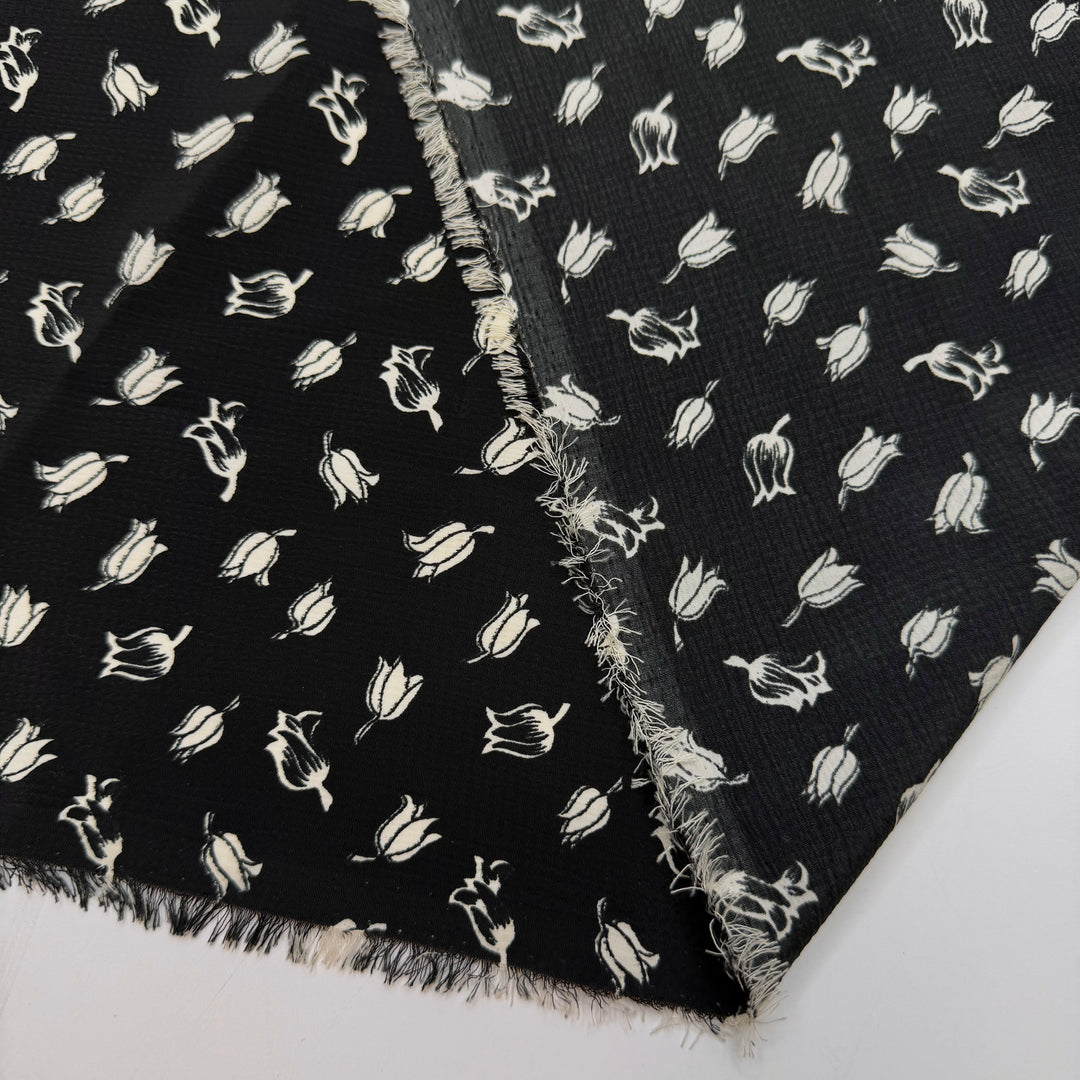 A Stitch In Time Saves Nine - Crepe Polyester Blend Woven - Black/White Floral - 1.7M Bundle