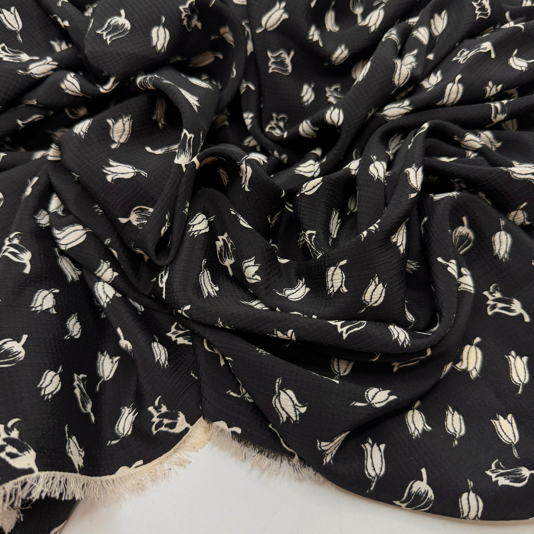 A Stitch In Time Saves Nine - Crepe Polyester Blend Woven - Black/White Floral - 1.7M Bundle