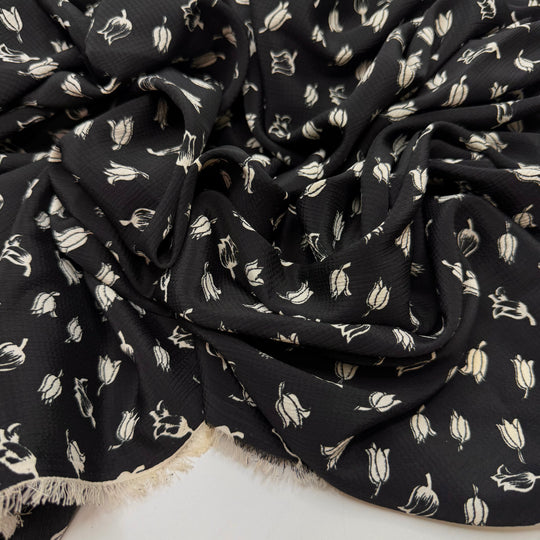 A Stitch In Time Saves Nine - Crepe Polyester Blend Woven - Black/White Floral - 1.7M Bundle