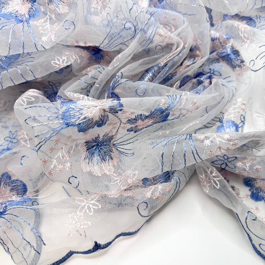 Early Bird Gets The Worm - Embroidered Tulle Nylon Blend Woven - Blue/Pink Floral - 2.8M Bundle