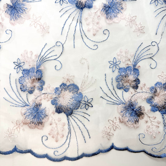 Early Bird Gets The Worm - Embroidered Tulle Nylon Blend Woven - Blue/Pink Floral - 2.8M Bundle