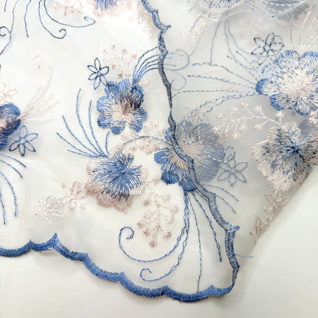 Early Bird Gets The Worm - Embroidered Tulle Nylon Blend Woven - Blue/Pink Floral - 2.8M Bundle