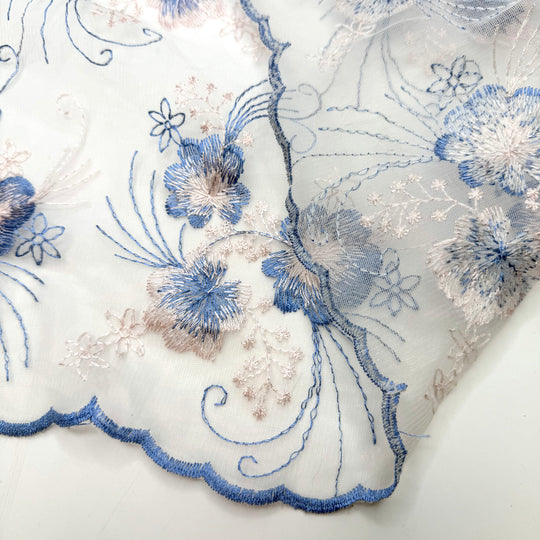 Early Bird Gets The Worm - Embroidered Tulle Nylon Blend Woven - Blue/Pink Floral - 2.8M Bundle