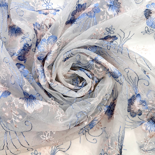 Early Bird Gets The Worm - Embroidered Tulle Nylon Blend Woven - Blue/Pink Floral - 2.8M Bundle