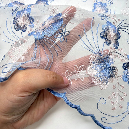 Early Bird Gets The Worm - Embroidered Tulle Nylon Blend Woven - Blue/Pink Floral - 2.8M Bundle