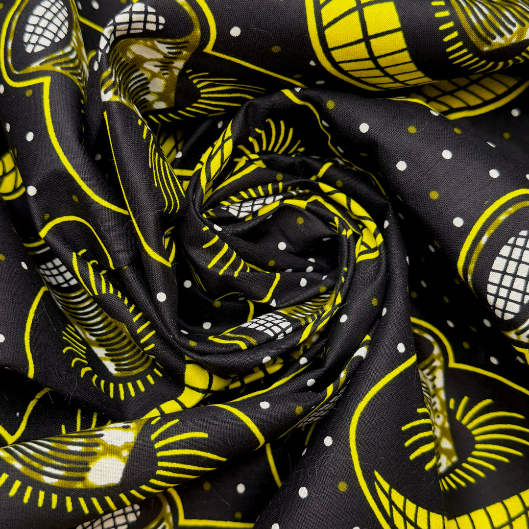 Mushroom Hunting - Wax Block Print Cotton Woven - Black/Yellow Mushroom Block Print - 2.45M Bundle