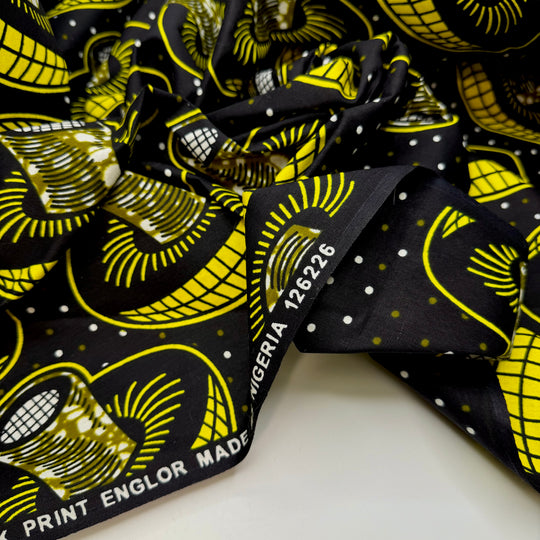 Mushroom Hunting - Wax Block Print Cotton Woven - Black/Yellow Mushroom Block Print - 2.45M Bundle