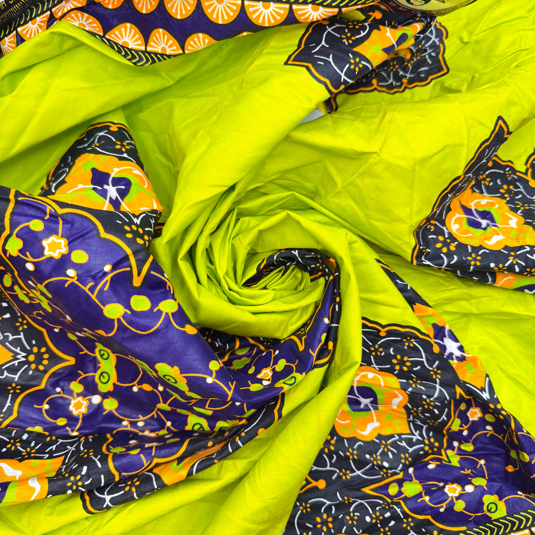 Black Light Face Paint - Wax Print Cotton Woven - Light Green Multi Floral Border - 3.5M Bundle