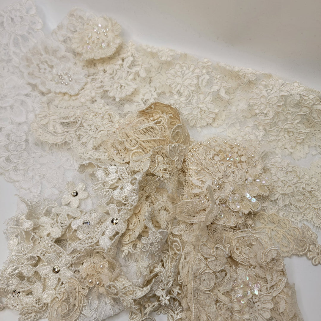 3" (76mm) Vintage/Beaded Scalloped Lace Trim - White/Cream - 5 Pack - True Deadstock supplies Fabric by private - Sustainable Textile | FABCYCLE