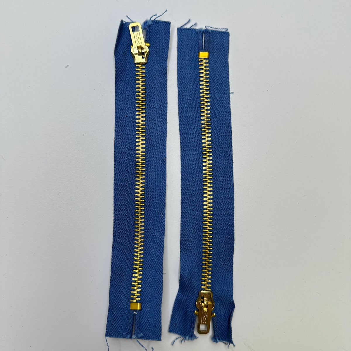 6" YKK Metal Zipper - Closed End - Gold/Cadet Blue - True Deadstock supplies Fabric by private - Sustainable Textile | FABCYCLE
