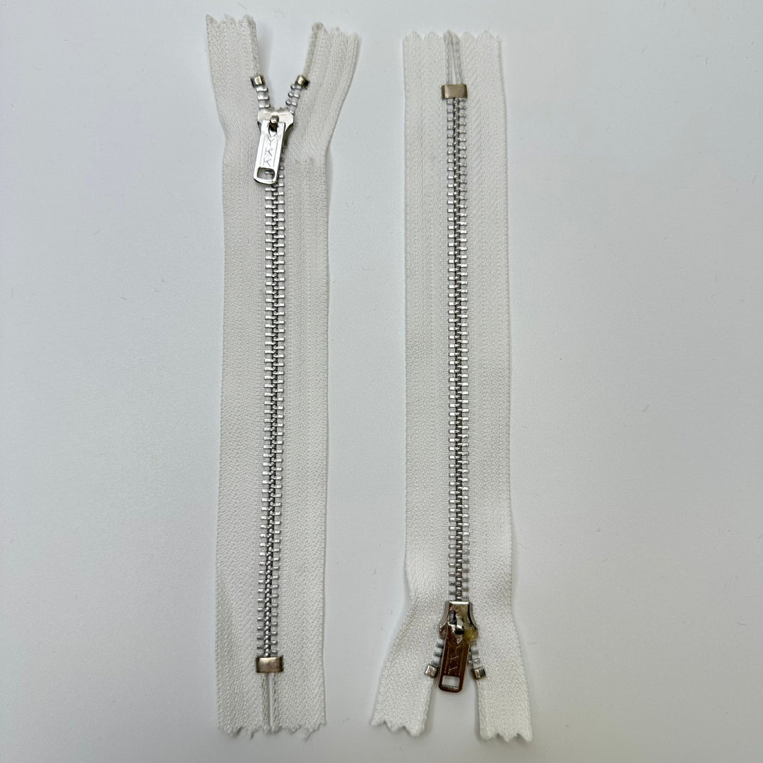 7" YKK Metal Zipper - Closed End - White/Silver - True Deadstock supplies Fabric by private - Sustainable Textile | FABCYCLE