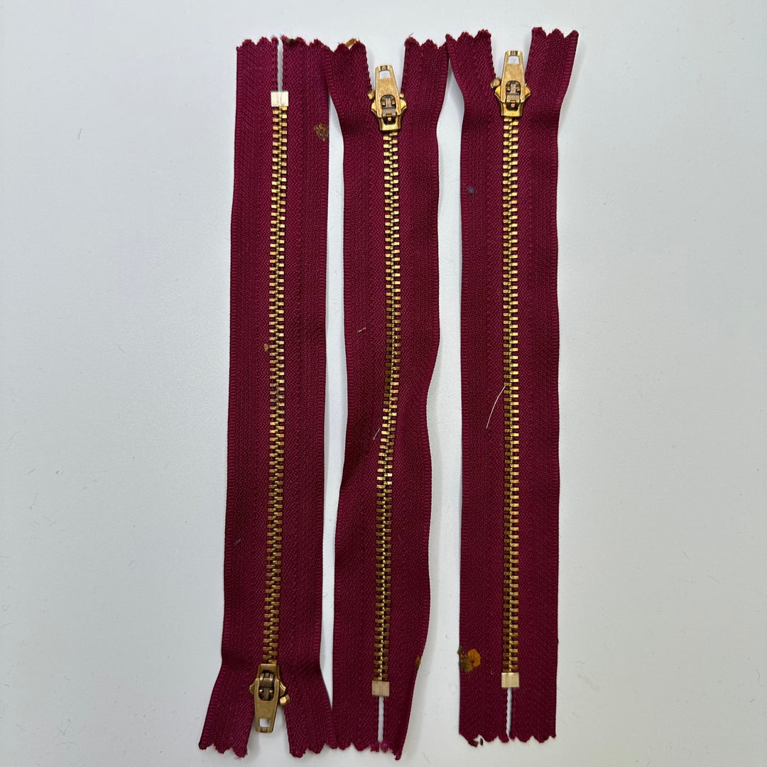 7.5" YKK Metal Zipper - Closed End - Burgundy/Gold - 3 Pack - True Deadstock supplies Fabric by private - Sustainable Textile | FABCYCLE