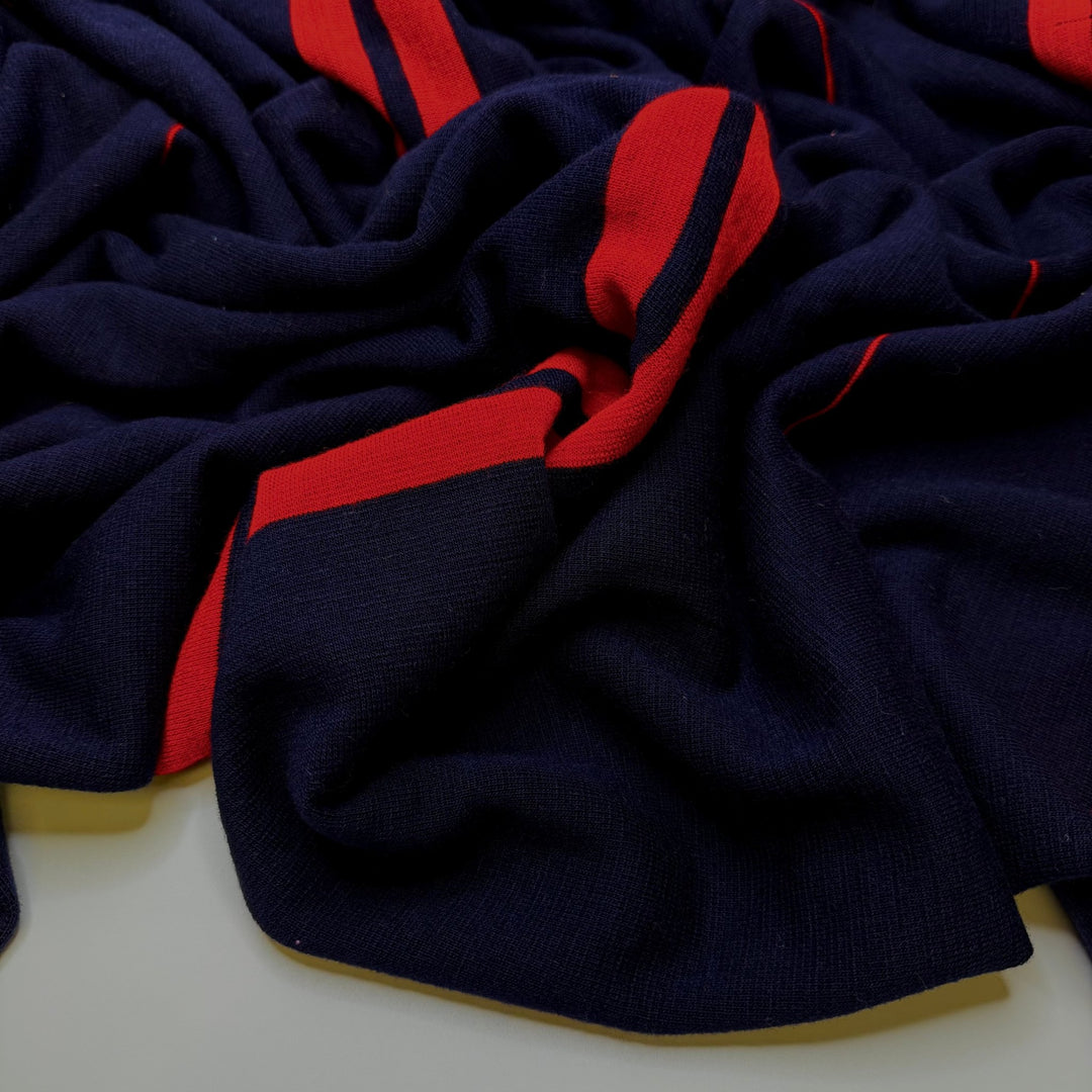 79 Nations In The Global Ocean Treaty - Tubular Rib Knit Polyester Blend Knit - Dark Navy/Red Stripes - 1.2M Bundle - True Deadstock fabric Fabric by private - Sustainable Textile | FABCYCLE