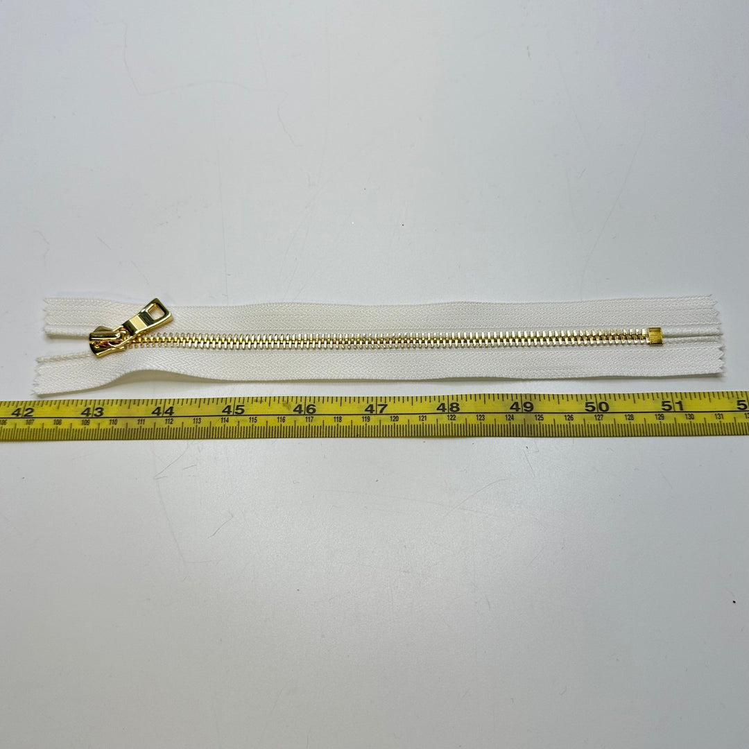 8" Metal Zipper - Closed End - White/Gold - True Deadstock supplies Fabric by private - Sustainable Textile | FABCYCLE