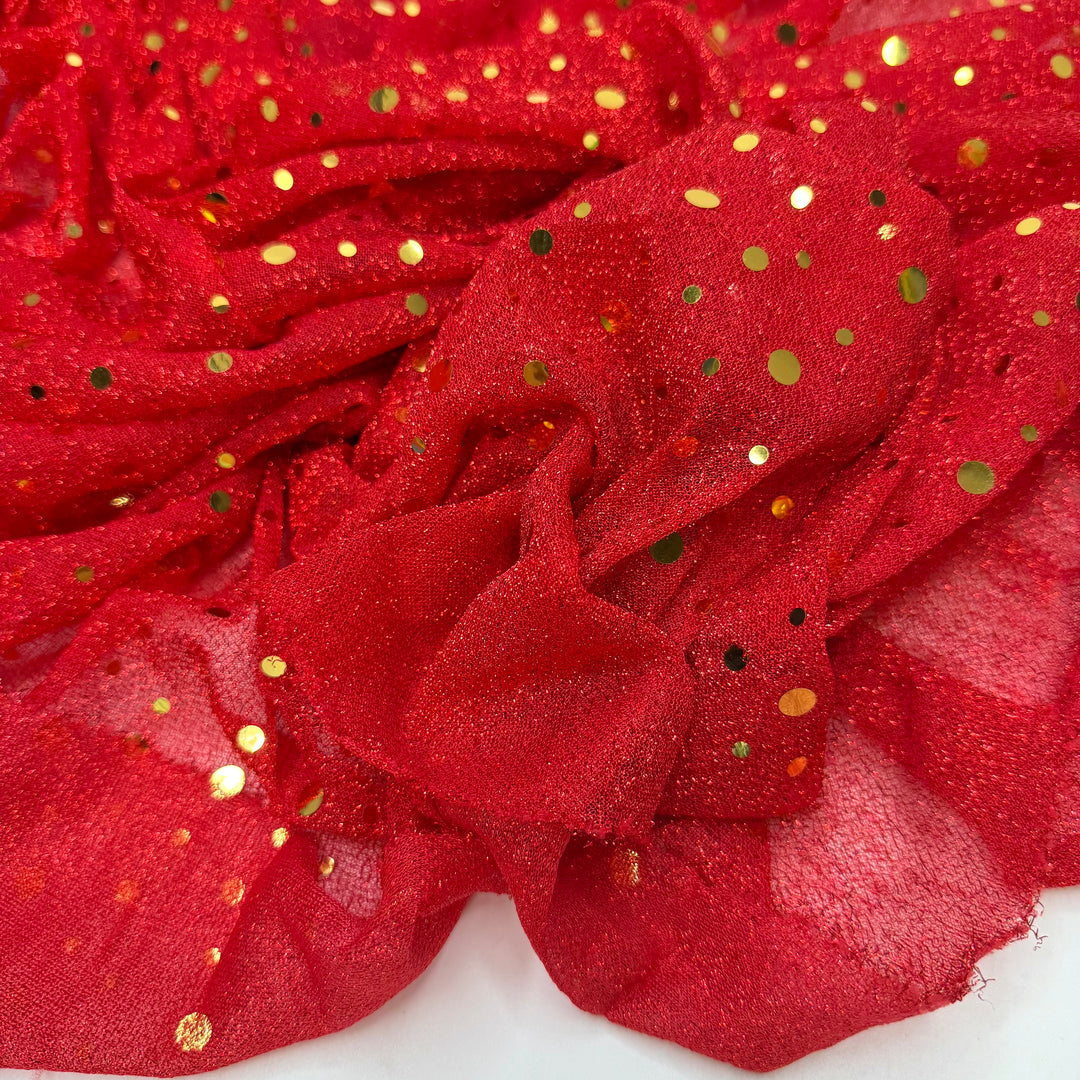 Weirdly Elegant - Metallic Mesh Polyester Blend Knit - Red/Gold Polka Dots - 3M Bundle