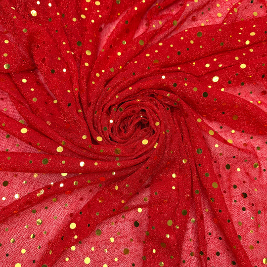 Weirdly Elegant - Metallic Mesh Polyester Blend Knit - Red/Gold Polka Dots - 3M Bundle
