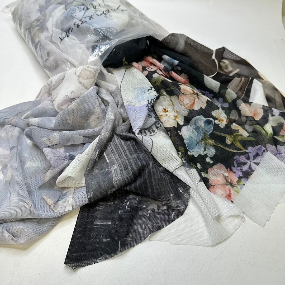 Print Mesh Scraps Pack - Mesh Poly/Spandex Knit - Blue/White Floral - Bundles - FABCYCLE Deadstock and Sustainble Fabrics and Sewing Supplies