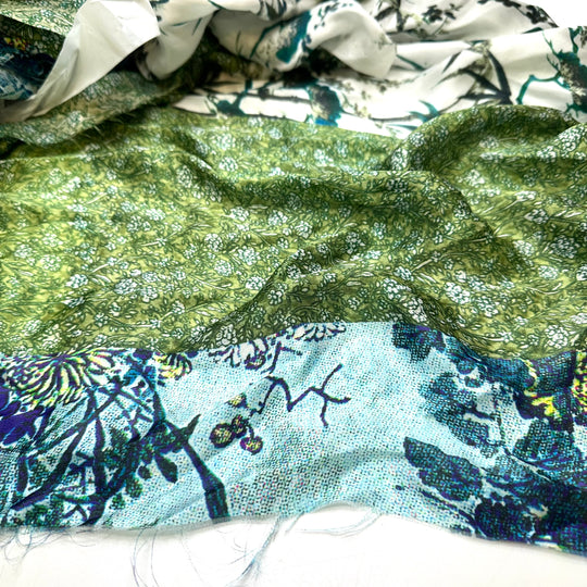 Blue/Green Mix Silk Scrap Pack - Silk Woven - Multi Geometric - Pack - FABCYCLE Deadstock and Sustainble Fabrics and Sewing Supplies