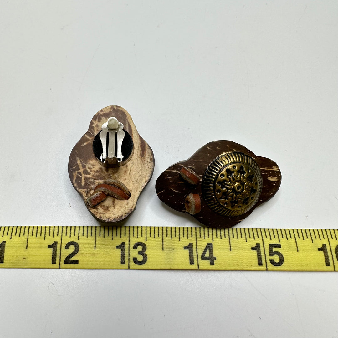 Wooden Clip On Earrings Costume Jewelry - Brown/Brass - Individual