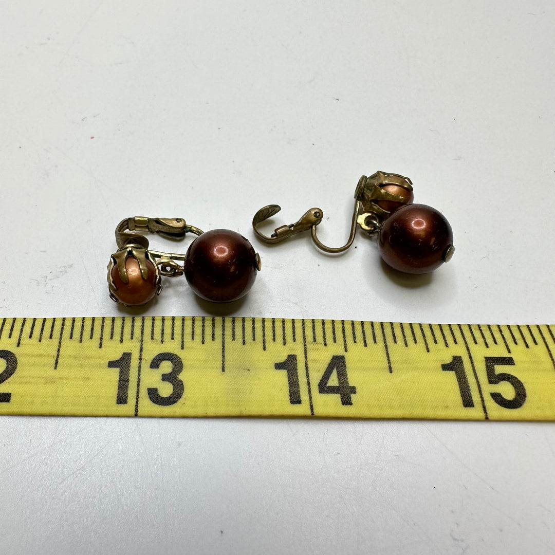 Pearl Clip On Earrings Costume Jewelry - Burgundy/Gold - Individual