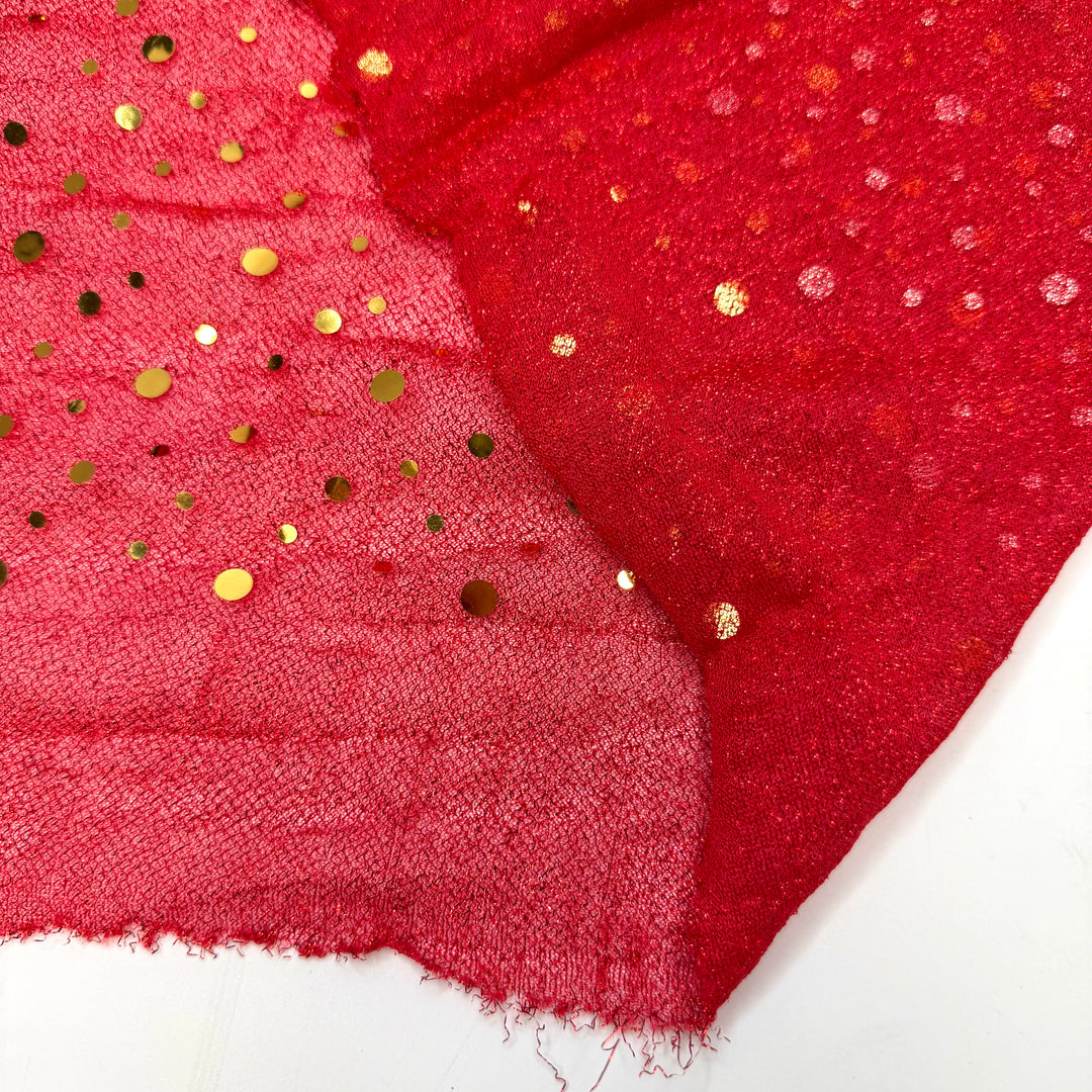 Weirdly Elegant - Metallic Mesh Polyester Blend Knit - Red/Gold Polka Dots - 3M Bundle