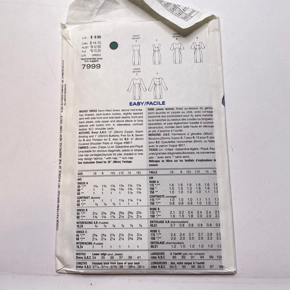 Sewing Pattern - Womenswear - Vogue 7999
